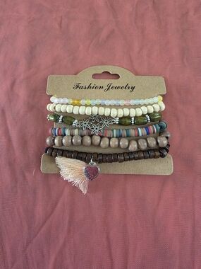 Fashion Jewelry Pastel & Natural Bead Bracelet Stack with Tassel Heart Charm